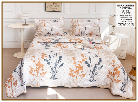 CUVERTURI - Cuvertura Din Bumbac Matlasat Cu Doua Fete - Bej Deschis Cu Flori Si Crengute