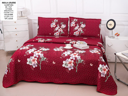 Cuvertura Din Bumbac Matlasat Cu Doua Fete - Bordo Cu Buchetele CUVERTURI - Cuvertura Din Bumbac Matlasat Cu Doua Fete - Bordo Cu Buchetele