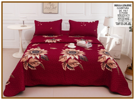 CUVERTURI - Cuvertura Din Bumbac Matlasat Cu Doua Fete - Bordo Cu Floarea Soarelui