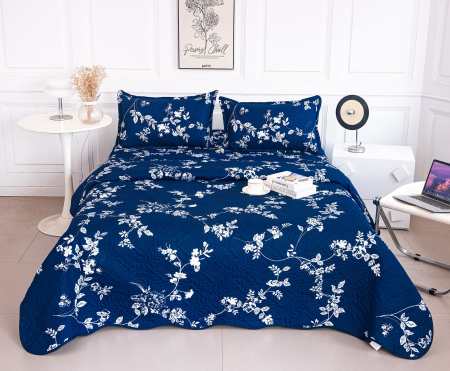CUVERTURI - Cuvertura Din Bumbac Matlasat Cu Doua Fete - Flori în Albastru