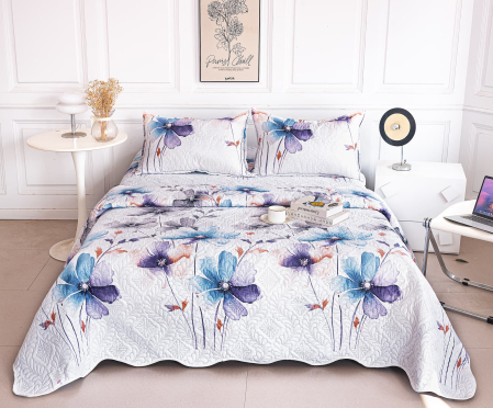 Cuvertura Din Bumbac Matlasat Cu Doua Fete - Flori In Nuante De Albastru [1]