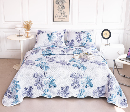 CUVERTURI - Cuvertura Din Bumbac Matlasat Cu Doua Fete - Flori In Nuante De Albastru