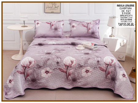 CUVERTURI - Cuvertura Din Bumbac Matlasat Cu Doua Fete - Flori Pe Lila Prafuit