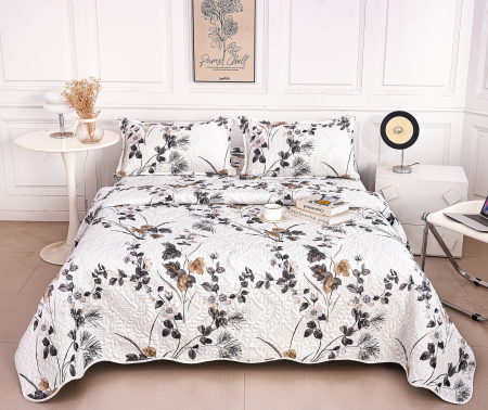 Cuvertura Din Bumbac Matlasat Cu Doua Fete - Flori Si Frunze Gri [1]