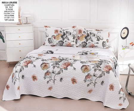 Cuverturi 3 Piese - Cuvertura Din Bumbac Matlasat Cu Doua Fete - Flori Tomnatice