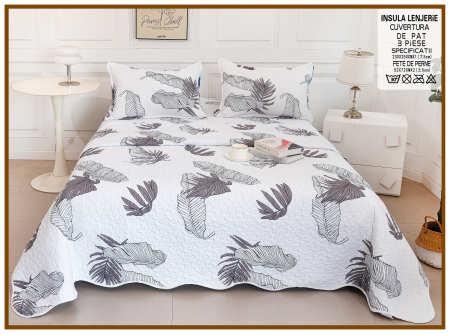 CUVERTURI - Cuvertura Din Bumbac Matlasat Cu Doua Fete - Frunze Pe Fundal Alb
