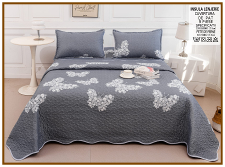Cuverturi 3 Piese - Cuvertura Din Bumbac Matlasat Cu Doua Fete - Gri Inchis Cu Fluturi