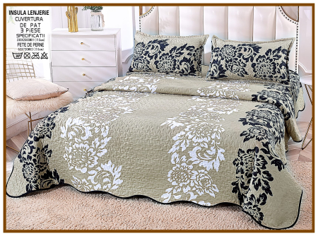 Cuverturi 3 Piese - Cuvertura Din Bumbac Matlasat Cu Doua Fete - Olive Deschis Cu Trandafiri Model Royal