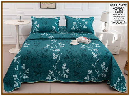 CUVERTURI - Cuvertura Din Bumbac Matlasat Cu Doua Fete - Ramuri Turcoaz Inchis