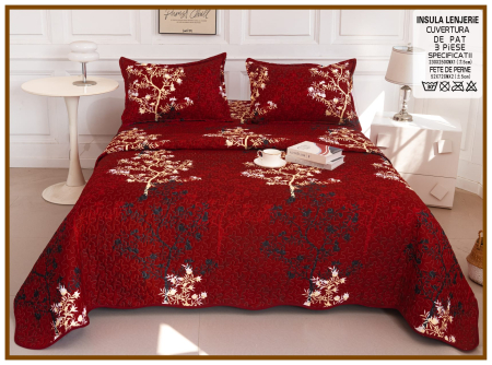 CUVERTURI - Cuvertura Din Bumbac Matlasat Cu Doua Fete - Rosu Inchis Cu Frunze