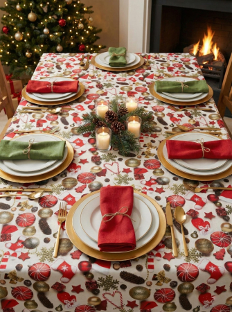 Fata De Masa 5D Pentru Craciun 180x220cm - Globuri Si Fulgi De Zapada [2]