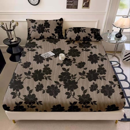 Huse De Pat Blana Artificiala Rabbit - Iepure - Husa Cocolino Cu Elastic Si 2 Fete Din Blanita Artificiala De Iepure - Rabbit - 180x200x25cm - Model Floral Pe Gri