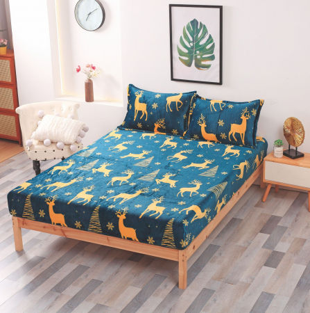 HUSE DE PAT CU ELASTIC - Husa Cocolino Model Craciun - Albastru Regal Reni