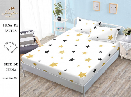 Huse De Pat BS 180x200cm - Husa cu Elastic si Fete de Perna Bumbac Satinat 180x200cm - Alb Cu Stelute