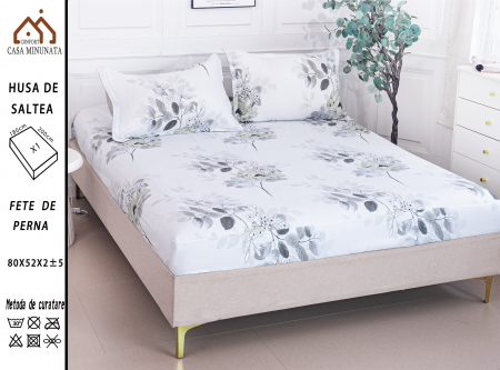 HUSE DE PAT CU ELASTIC - Husa cu Elastic si Fete de Perna Bumbac Satinat 180x200cm - Alb Flori Si Frunze