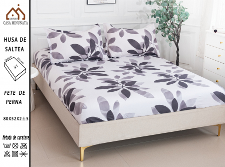 HUSE DE PAT CU ELASTIC - Husa cu Elastic si Fete de Perna Bumbac Satinat 180x200cm - Alb Frunze