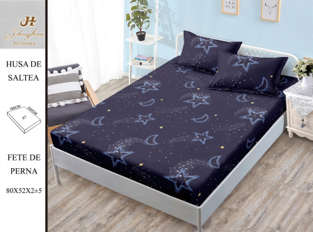 Huse De Pat BS 180x200cm - Husa cu Elastic si Fete de Perna Bumbac Satinat 180x200cm - Albastru Cu Constelatii