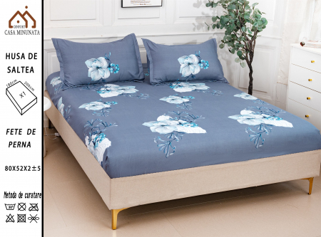 HUSE DE PAT CU ELASTIC - Husa cu Elastic si Fete de Perna Bumbac Satinat 180x200cm - Albastru Floral