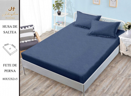 Huse De Pat BS 180x200cm - Husa cu Elastic si Fete de Perna Bumbac Satinat 180x200cm - Albastru UNI