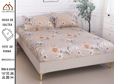 HUSE DE PAT CU ELASTIC - Husa cu Elastic si Fete de Perna Bumbac Satinat 180x200cm - Bej Cu Flori