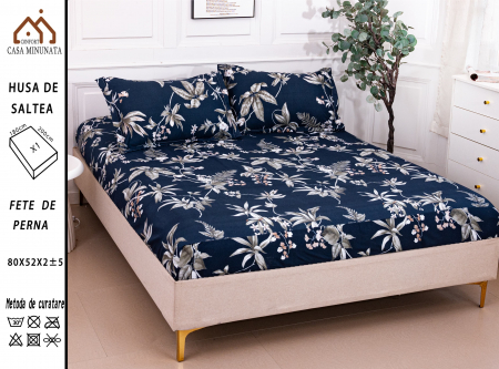HUSE DE PAT CU ELASTIC - Husa cu Elastic si Fete de Perna Bumbac Satinat 180x200cm - Bleumarin Frunze