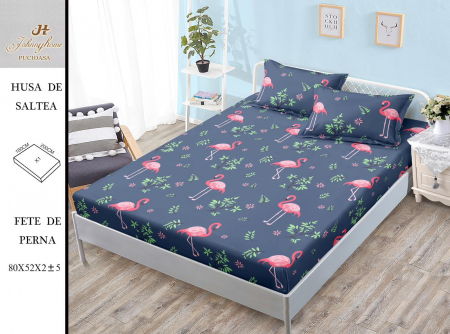 Huse De Pat BS 180x200cm - Husa cu Elastic si Fete de Perna Bumbac Satinat 180x200cm - Flamingo Si Frunze
