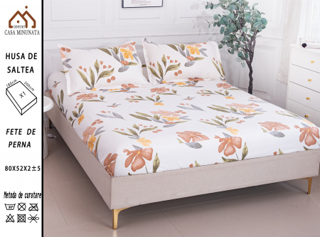 HUSE DE PAT CU ELASTIC - Husa cu Elastic si Fete de Perna Bumbac Satinat 180x200cm - Flori Colorate