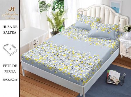 Huse De Pat Bumbac Satinat - Husa cu Elastic si Fete de Perna Bumbac Satinat 180x200cm - Flori De Primavara