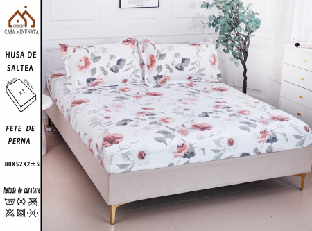 HUSE DE PAT CU ELASTIC - Husa cu Elastic si Fete de Perna Bumbac Satinat 180x200cm - Flori Roz