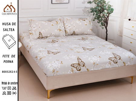 HUSE DE PAT CU ELASTIC - Husa cu Elastic si Fete de Perna Bumbac Satinat 180x200cm - Flori Si Fluturi