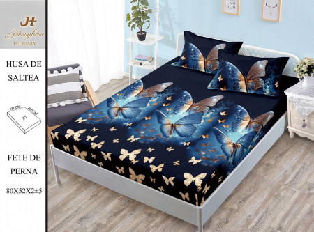 Huse De Pat Bumbac Satinat - Husa cu Elastic si Fete de Perna Bumbac Satinat 180x200cm - Fluturasi Albastru Si Auriu