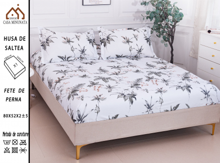 HUSE DE PAT CU ELASTIC - Husa cu Elastic si Fete de Perna Bumbac Satinat 180x200cm - Frunze