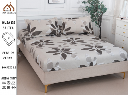 HUSE DE PAT CU ELASTIC - Husa cu Elastic si Fete de Perna Bumbac Satinat 180x200cm - Frunze Pamanti
