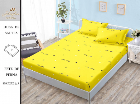Huse De Pat BS 180x200cm - Husa cu Elastic si Fete de Perna Bumbac Satinat 180x200cm - Galben Cu Gene
