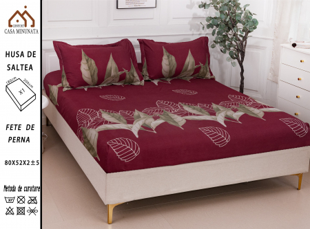HUSE DE PAT CU ELASTIC - Husa cu Elastic si Fete de Perna Bumbac Satinat 180x200cm - Grena Frunze