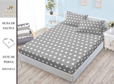 Huse De Pat Bumbac Satinat - Husa cu Elastic si Fete de Perna Bumbac Satinat 180x200cm - Gri Cu Buline Albe