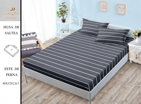 Huse De Pat Bumbac Satinat - Husa cu Elastic si Fete de Perna Bumbac Satinat 180x200cm - Gri Cu Dungi Albe