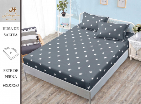 Huse De Pat BS 180x200cm - Husa cu Elastic si Fete de Perna Bumbac Satinat 180x200cm - Gri Cu Stelute