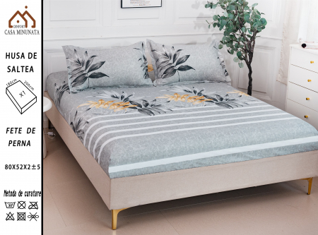 HUSE DE PAT CU ELASTIC - Husa cu Elastic si Fete de Perna Bumbac Satinat 180x200cm - Gri Dungi Si Frunze
