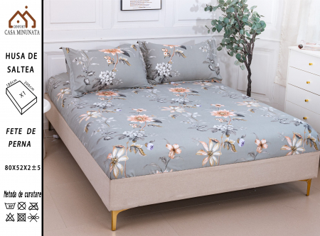 HUSE DE PAT CU ELASTIC - Husa cu Elastic si Fete de Perna Bumbac Satinat 180x200cm - Gri Floral