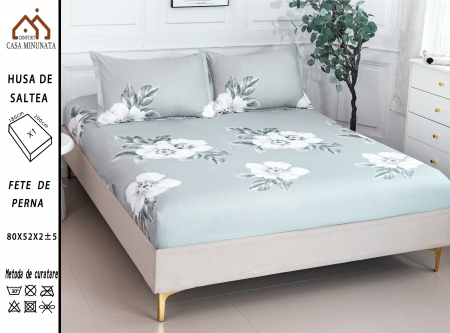 HUSE DE PAT CU ELASTIC - Husa cu Elastic si Fete de Perna Bumbac Satinat 180x200cm - Gri Flori Albe