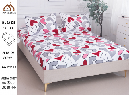 HUSE DE PAT CU ELASTIC - Husa cu Elastic si Fete de Perna Bumbac Satinat 180x200cm - Inimi Desenate