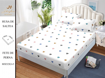Huse De Pat BS 180x200cm - Husa cu Elastic si Fete de Perna Bumbac Satinat 180x200cm - Inimioare Multicolor