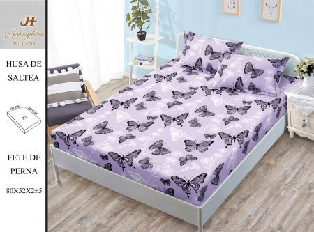 Huse De Pat Bumbac Satinat - Husa cu Elastic si Fete de Perna Bumbac Satinat 180x200cm - Lila Cu Fluturasi Negri