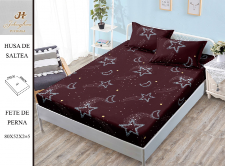 Huse De Pat Bumbac Satinat - Husa cu Elastic si Fete de Perna Bumbac Satinat 180x200cm - Maro Cu Stelute