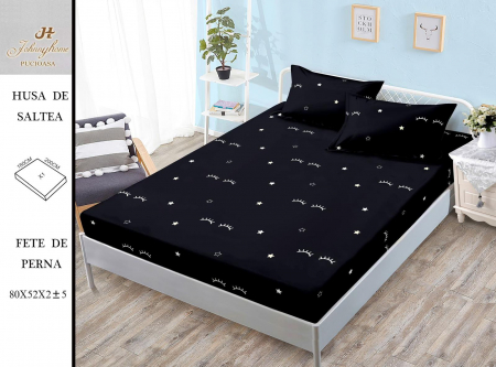 Huse De Pat BS 180x200cm - Husa cu Elastic si Fete de Perna Bumbac Satinat 180x200cm - Negru Cu Gene