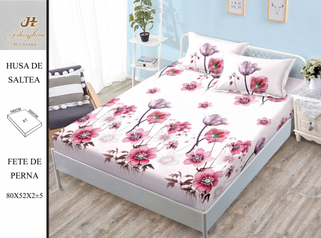 Huse De Pat BS 180x200cm - Husa cu Elastic si Fete de Perna Bumbac Satinat 180x200cm - Roz Cu Floricele