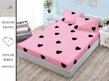 Huse De Pat Bumbac Satinat - Husa cu Elastic si Fete de Perna Bumbac Satinat 180x200cm - Roz Cu Inimioare