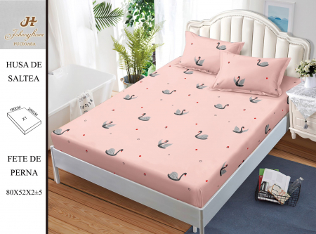Huse De Pat BS 180x200cm - Husa cu Elastic si Fete de Perna Bumbac Satinat 180x200cm - Roz Cu Lebede