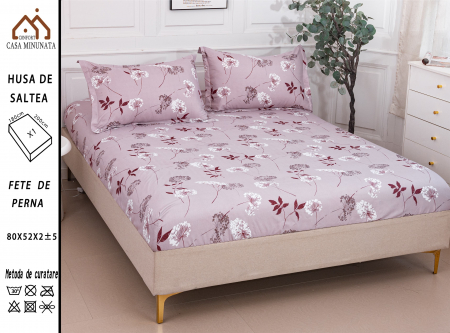 HUSE DE PAT CU ELASTIC - Husa cu Elastic si Fete de Perna Bumbac Satinat 180x200cm - Roz Floricele